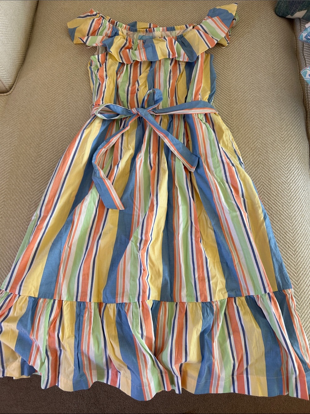 Draper James Rsvp Striped Ruffle Off-Shoulder Dress in Yellow, Blue, Orange